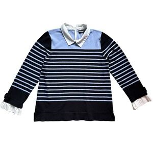 Karl Lagerfeld Paris Women's Striped Ribbed Sweater - Blue, White, Black-Size L